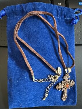 Lia Sophia Brown Suede Necklace with Gold-Tone Filigree Cross and Amber Accent